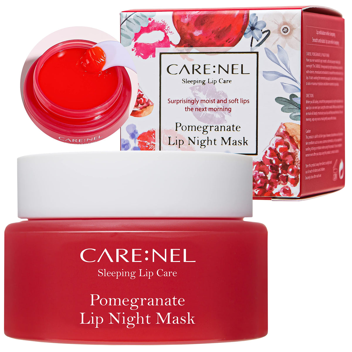CARE:NEL Lip Mask Overnight Pomegranate jar ready for nighttime hydration.