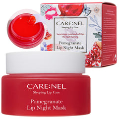 CARE:NEL Lip Mask Overnight Pomegranate jar ready for nighttime hydration.