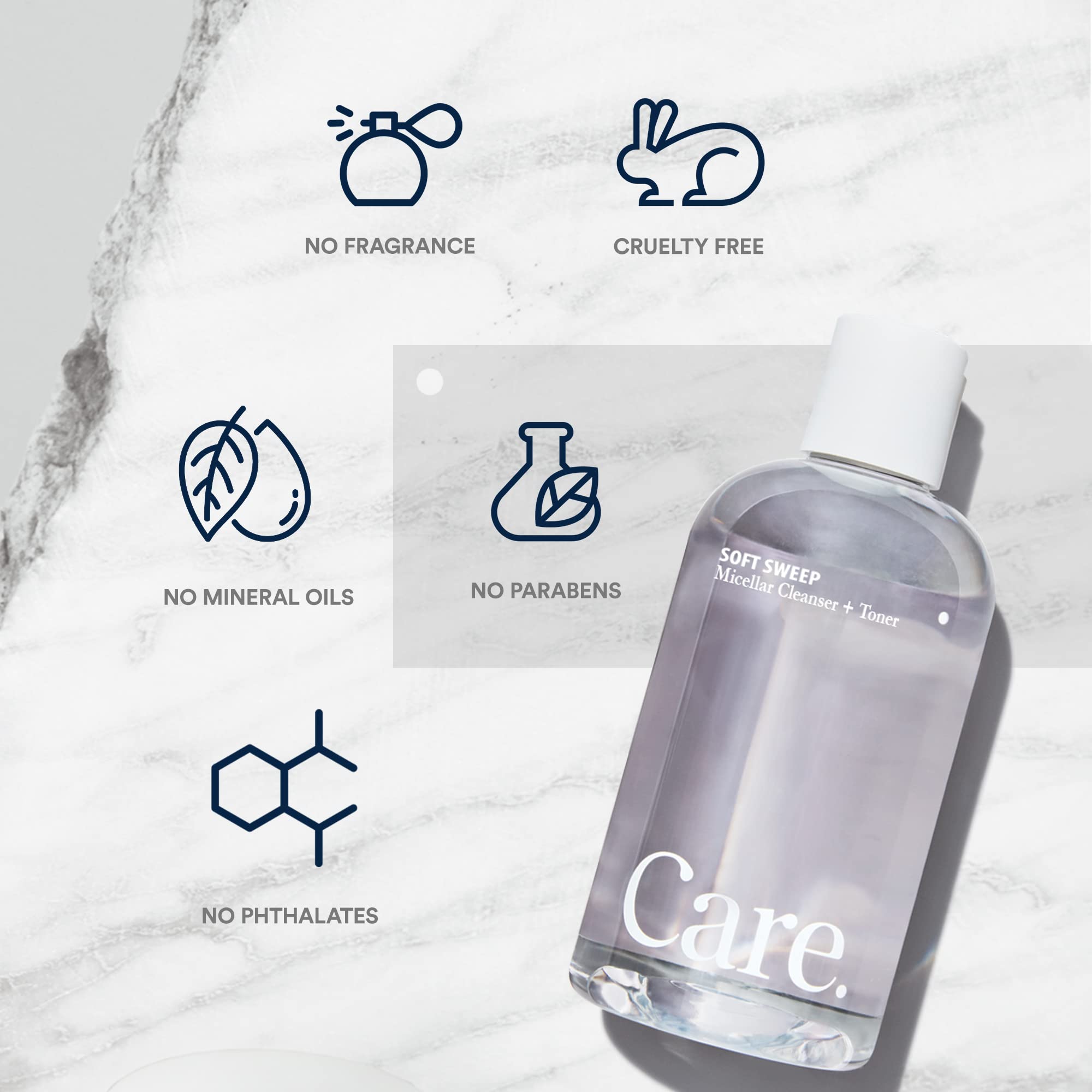 Care Skincare Soft Sweep bottle on display for daily cleansing routine.