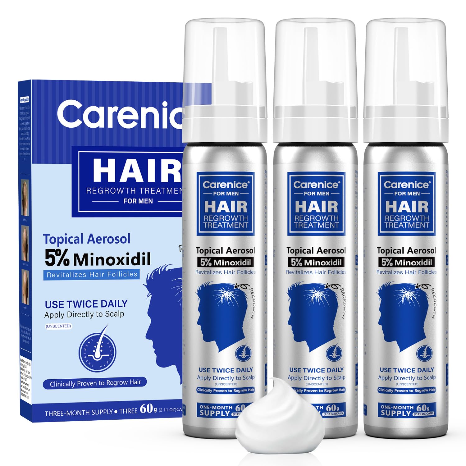 CARENICE 5% Minoxidil Foam bottle for hair growth, ready for daily use.