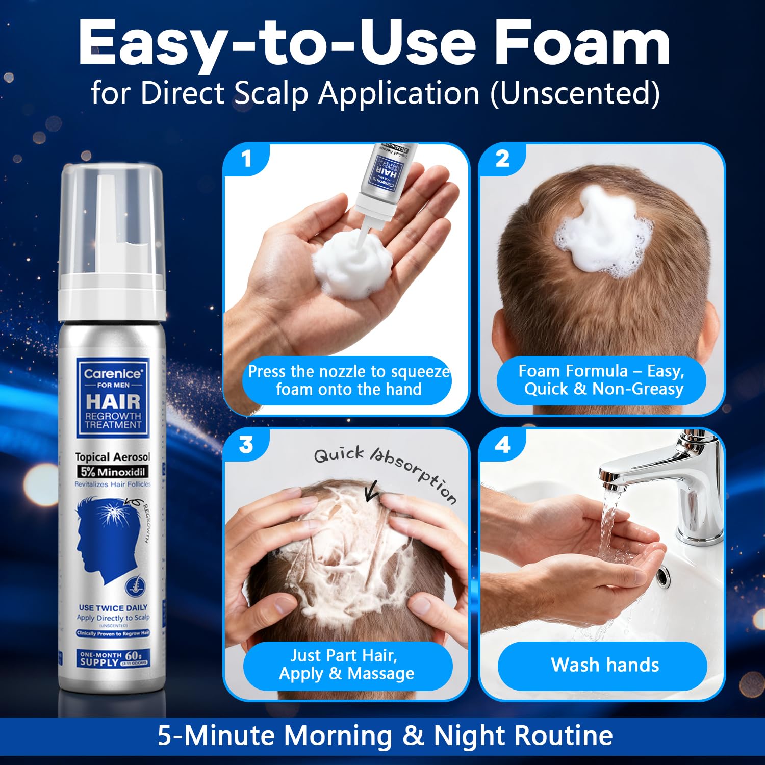 CARENICE Minoxidil Foam being applied to scalp to support hair vitality.