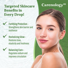 Carenology 95 RE BLUE serum on skin delivering a radiant glow.