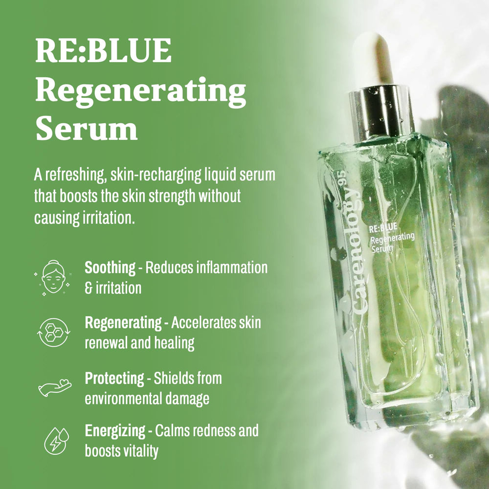 Silky texture close-up of Carenology 95 RE BLUE serum calm redness.