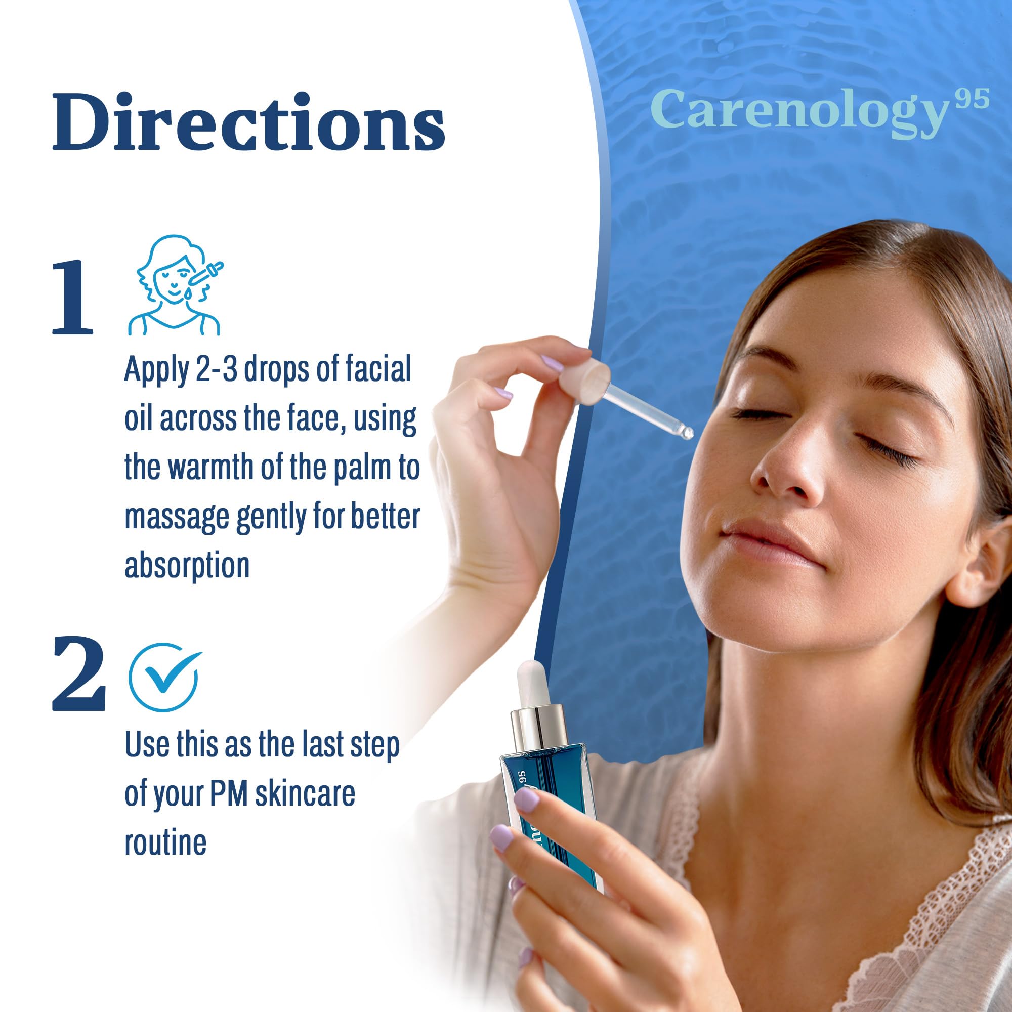 Carenology 95 RE:BLUE Night Oil bottle next to ingredients like squalene and seed oil.