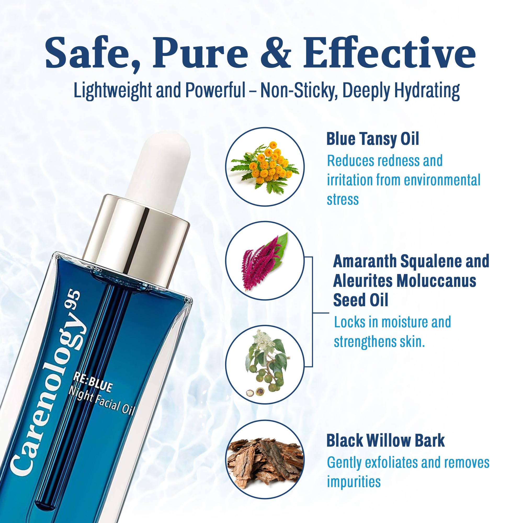 Carenology 95 RE:BLUE Night Oil bottle highlights blue tansy with chamazulene for calmer skin.