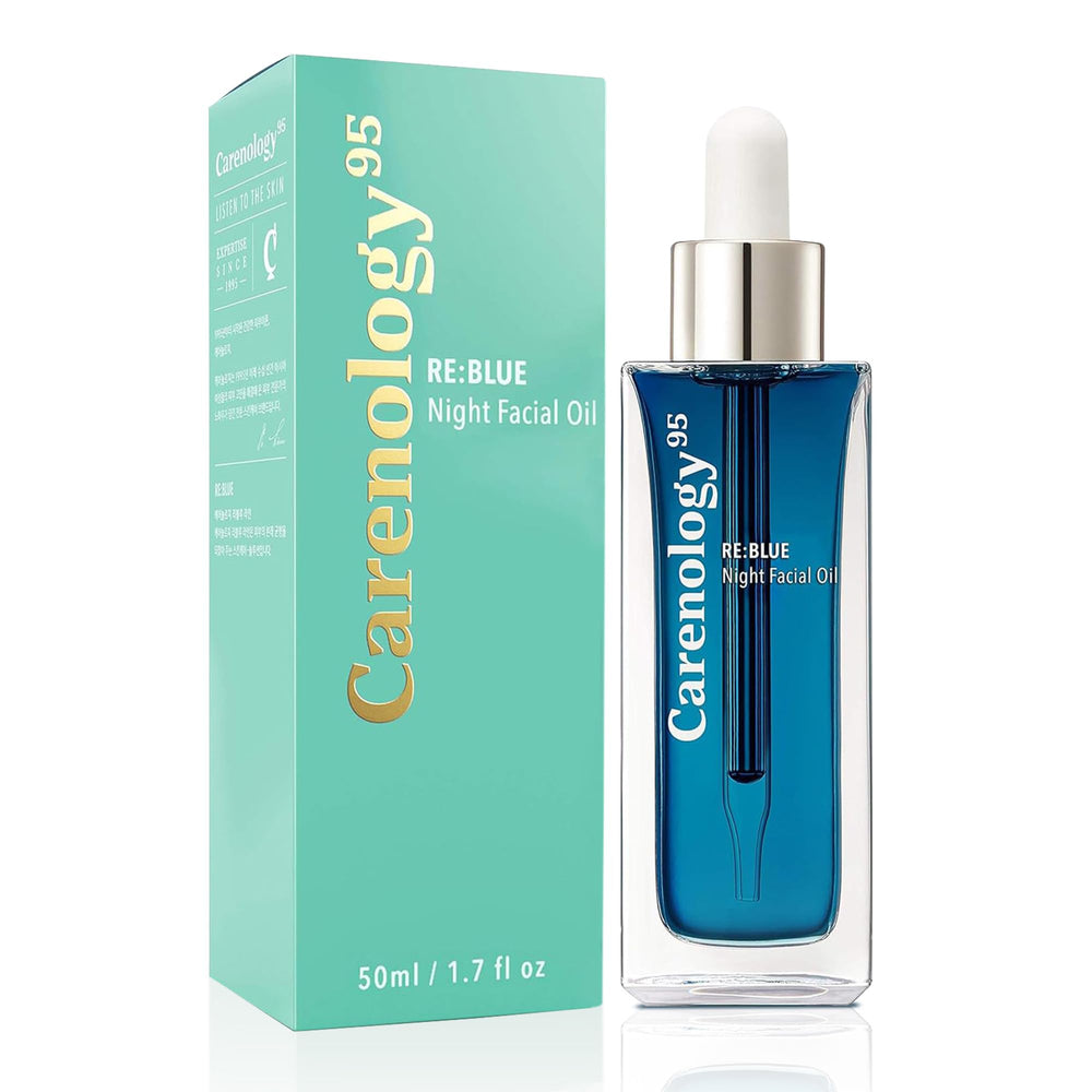 Carenology 95 RE:BLUE Night Oil in a serene bathroom setting implying nightly skincare.