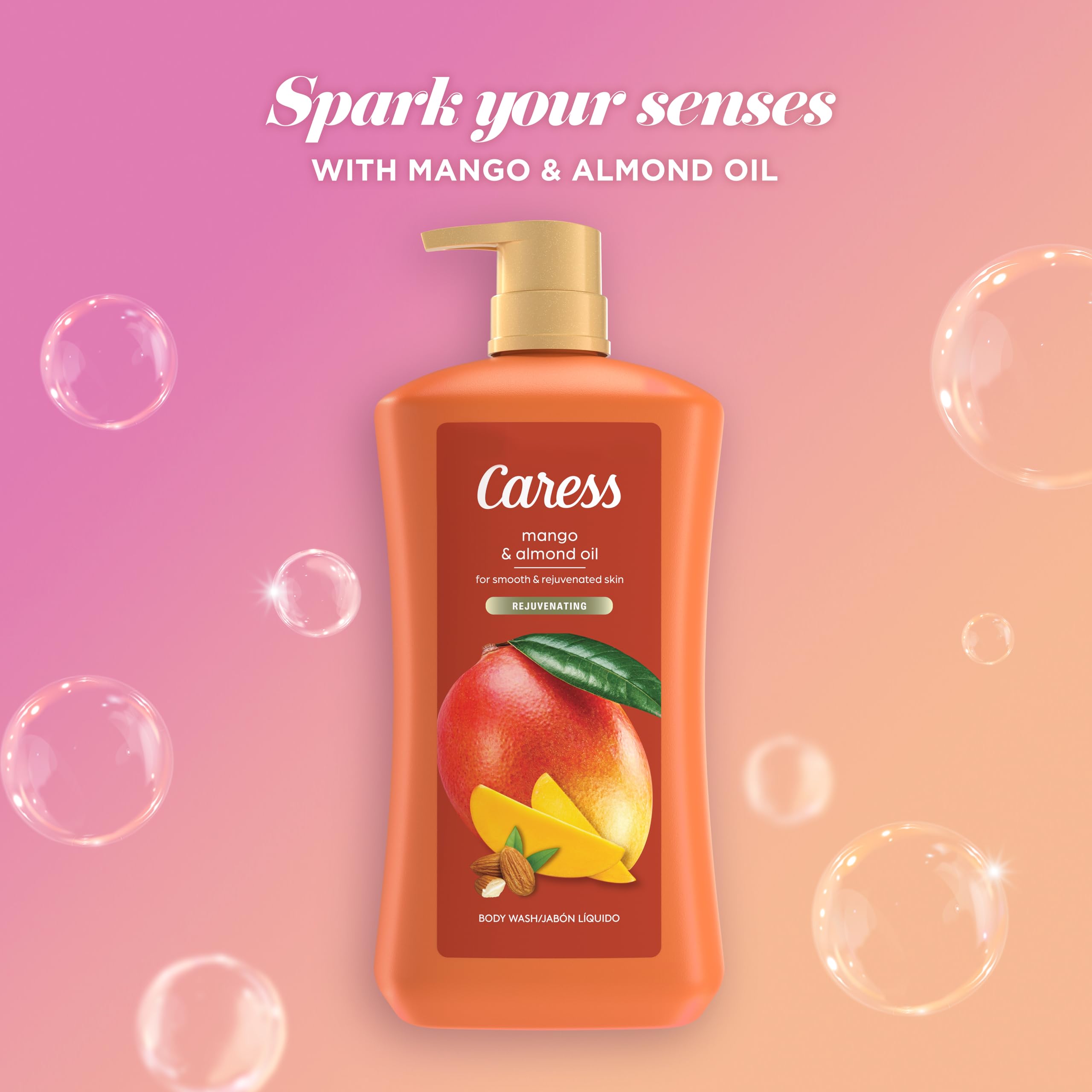 Caress bottle pour shot illustrating easy, mess-free dispensing.
