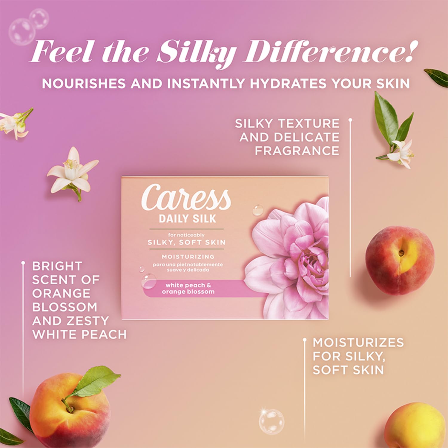 Caress Daily Silk body wash closeup shows creamy lather and moisture.