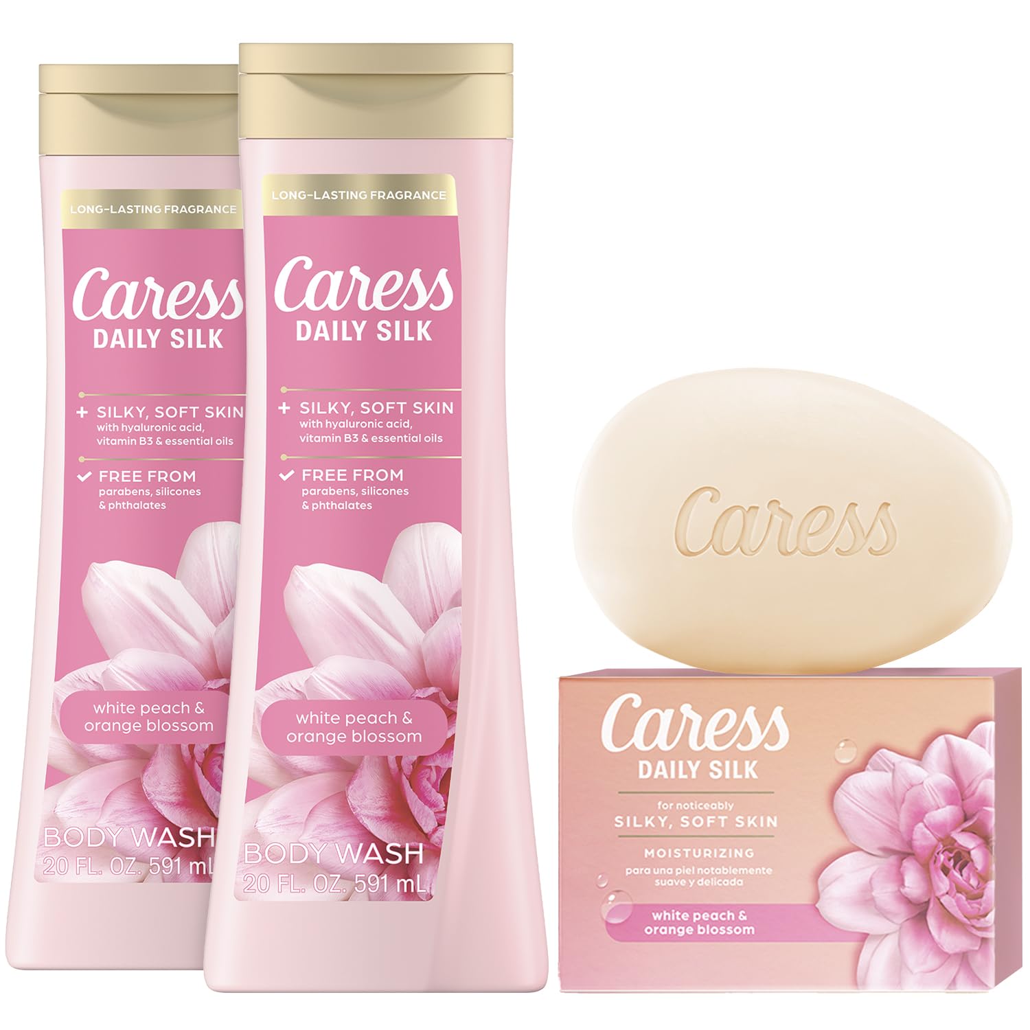 Caress Daily Silk bundle overview with two washes and one bar soap for daily care.