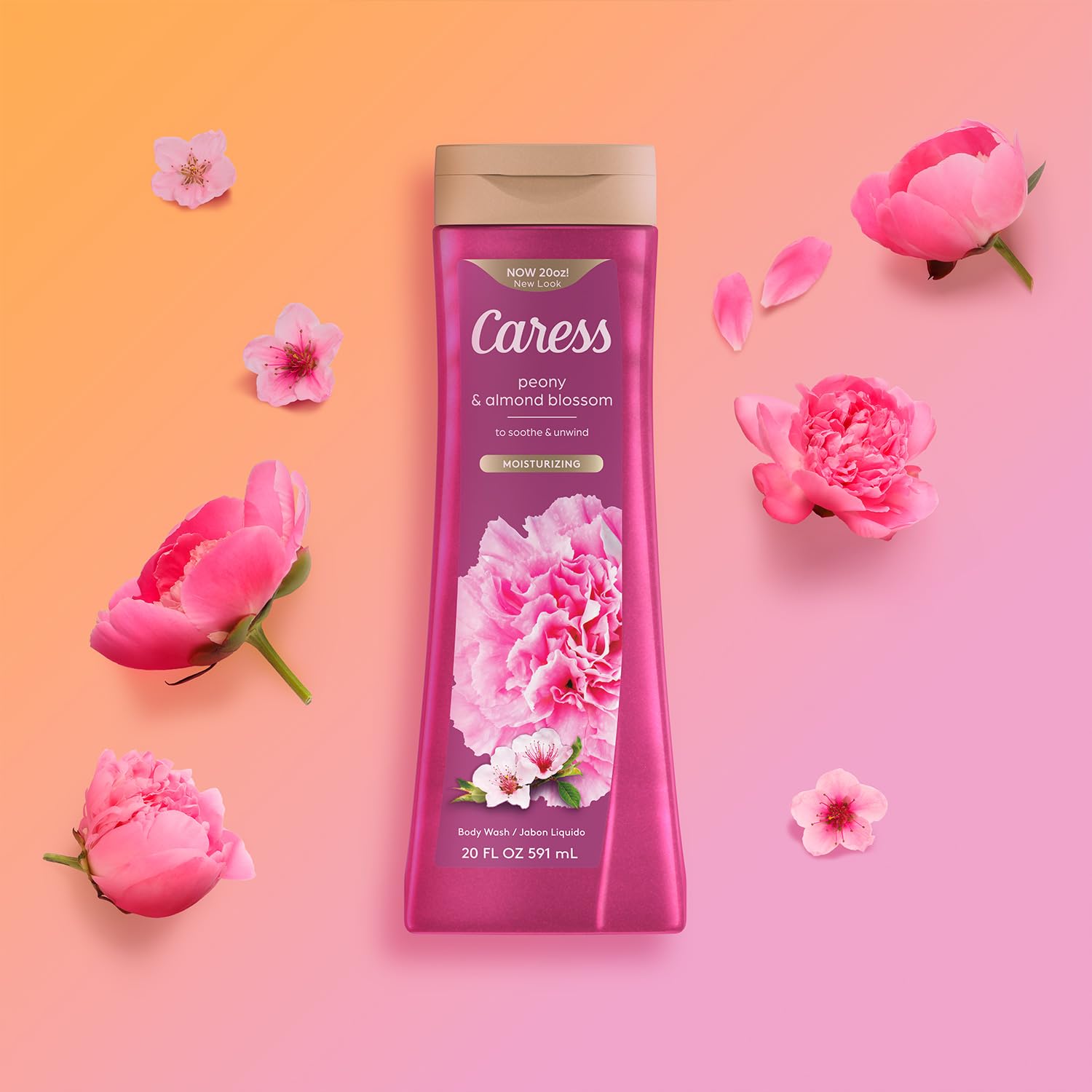Caress ingredients peony almond scent closeup showcases natural floral notes.