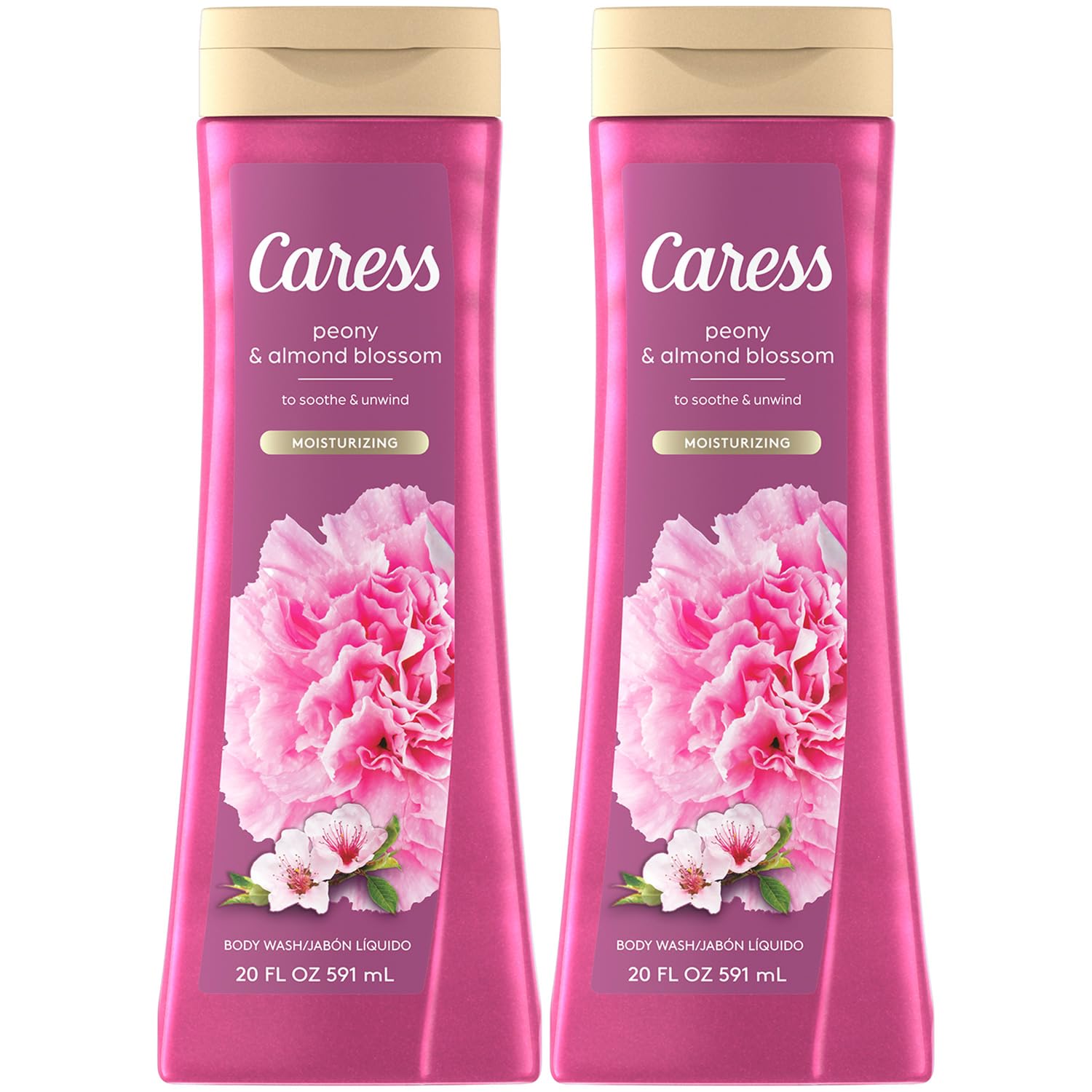 Caress Peony & Almond Blossom bottle showcases luxurious fragrance for daily shower.