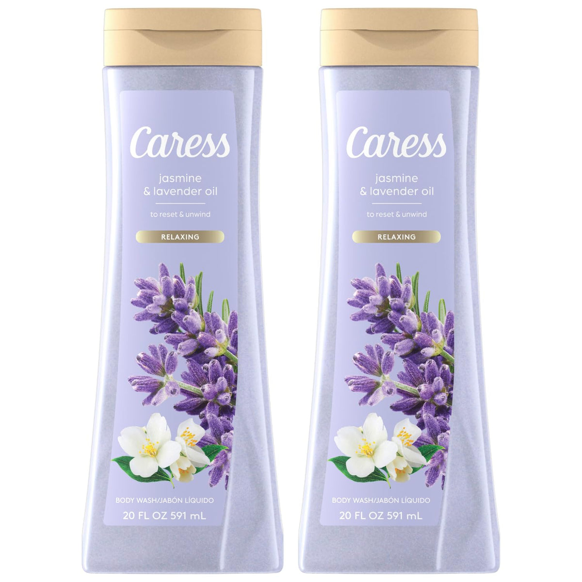 Caress Relaxing Jasmine Lavender bottle ready for a calming shower experience