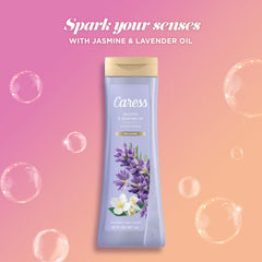 Caress Relaxing Jasmine Lavender bubbles show a rich foam that envelops skin