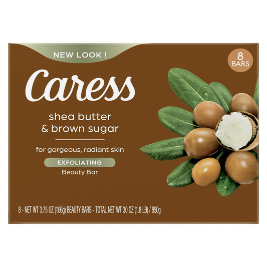 Caress Shea Butter Brown Sugar Beauty Bar closeup shows creamy lather and moisturizing feel