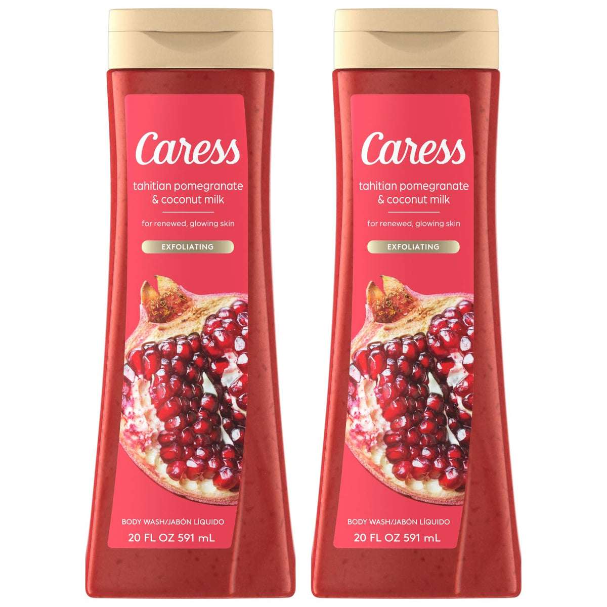 Caress Tahitian Pomegranate & Coconut Milk bottle pour energizes your shower experience.
