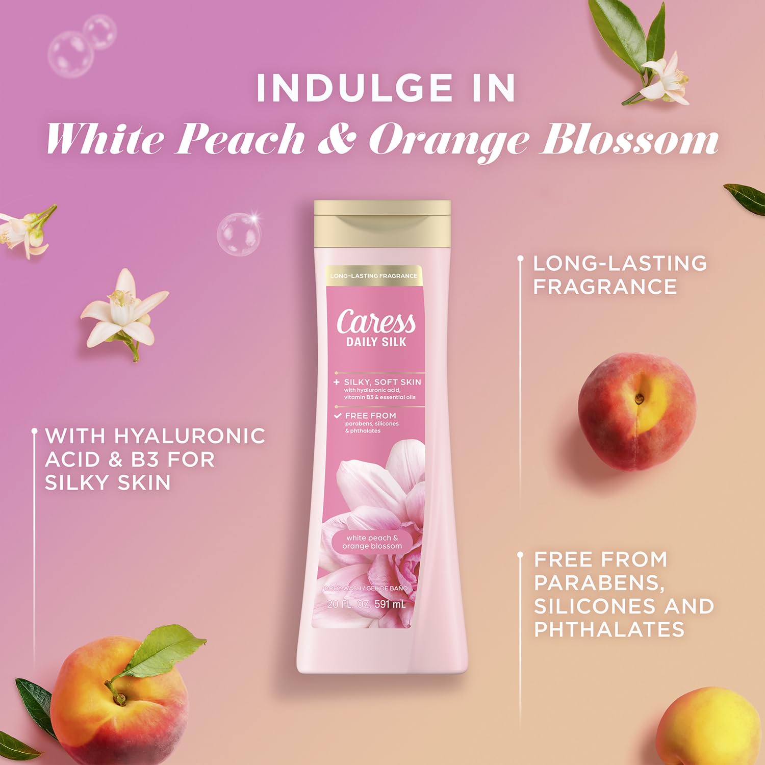 Caress White Peach and Orange Blossom fragrance evokes a spa-like shower.