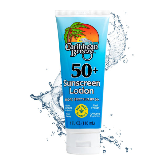 Caribbean Breeze reef-friendly SPF 50 lotion bottle with mango lime scent for everyday sun protection