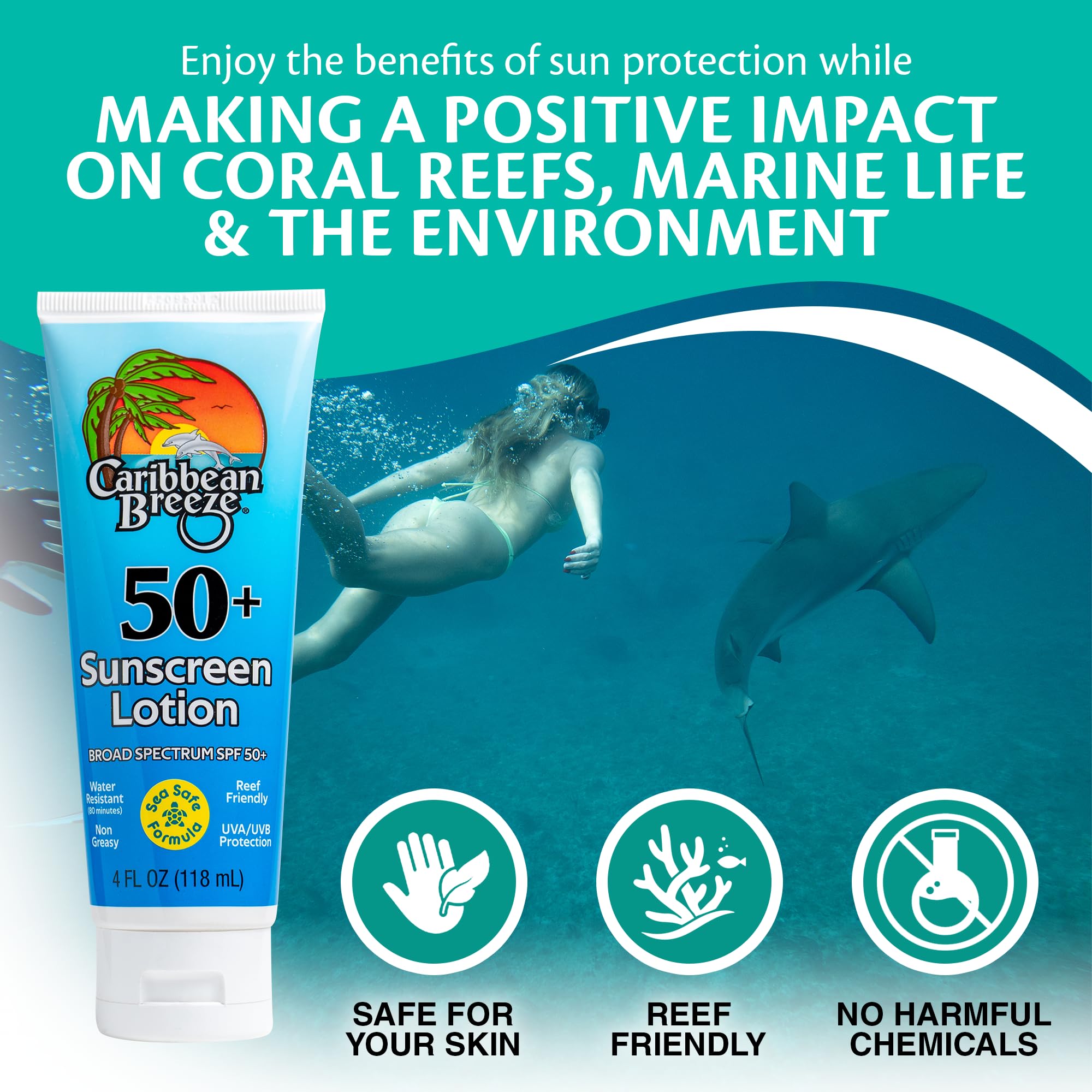 Caribbean Breeze SPF 50 lotion stays on during water activities up to 80 minutes