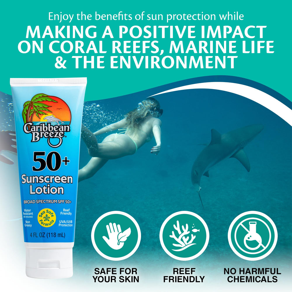Caribbean Breeze SPF 50 lotion stays on during water activities up to 80 minutes
