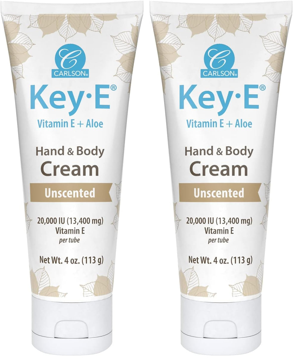 Carlson Key-E Hand and Body Cream bottle front showing fragrance-free formula for dry skin relief