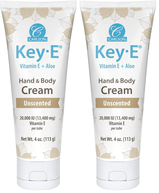 Carlson Key-E Hand and Body Cream bottle front showing fragrance-free formula for dry skin relief