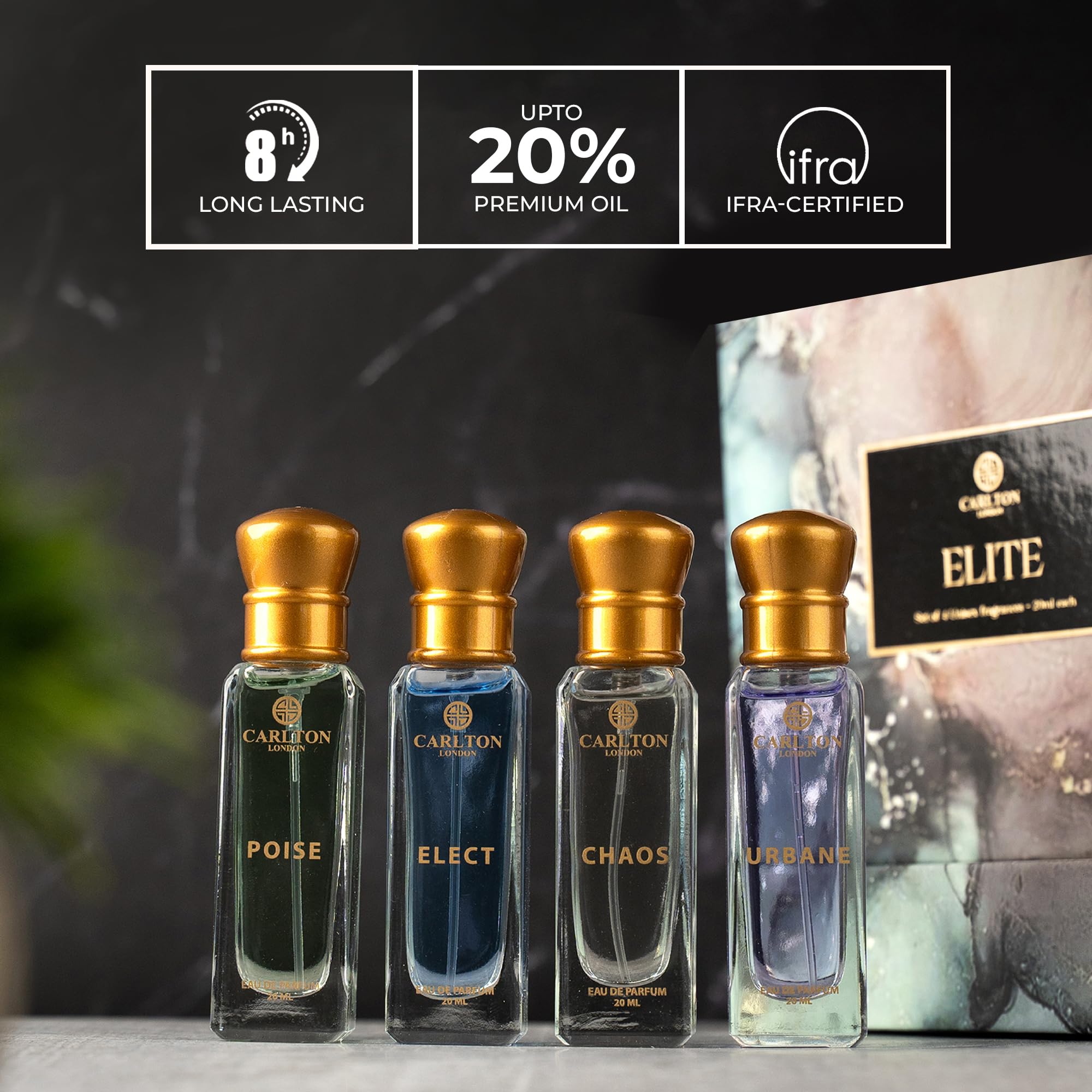 Carlton London Elite Elect bottle—floral musk blend for elegant evenings.