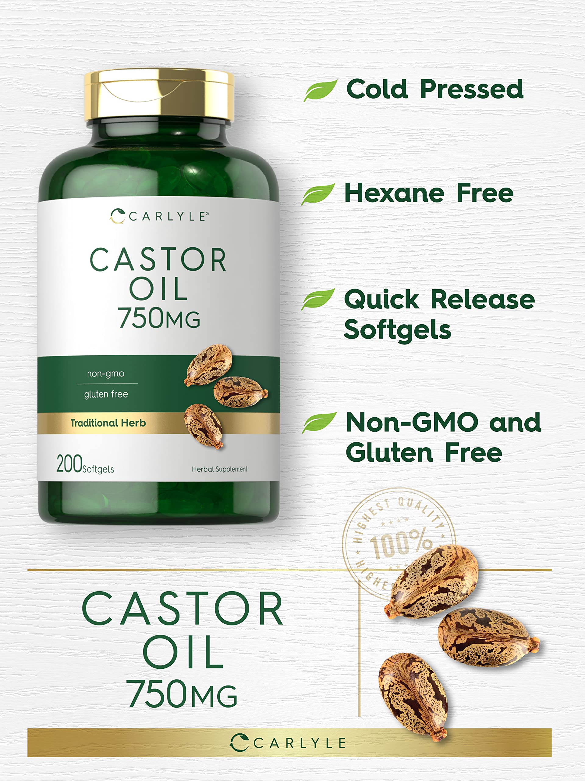 Carlyle Castor Oil bottle pour illustrating easy dosage for daily routine.