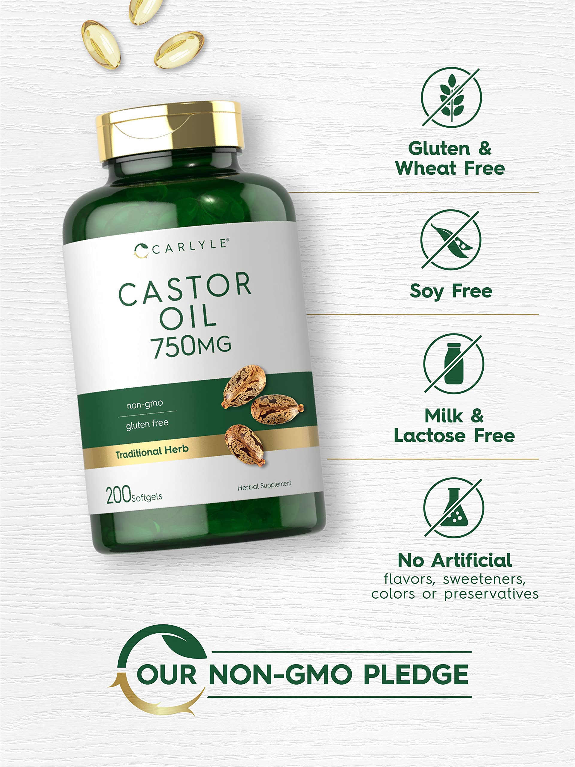 Carlyle Castor Oil label emphasizing gluten-free and non-GMO quality you can verify.