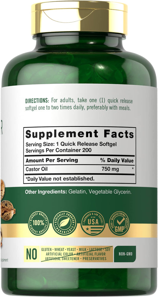 Carlyle Castor Oil softgels closeup highlighting convenient daily use.
