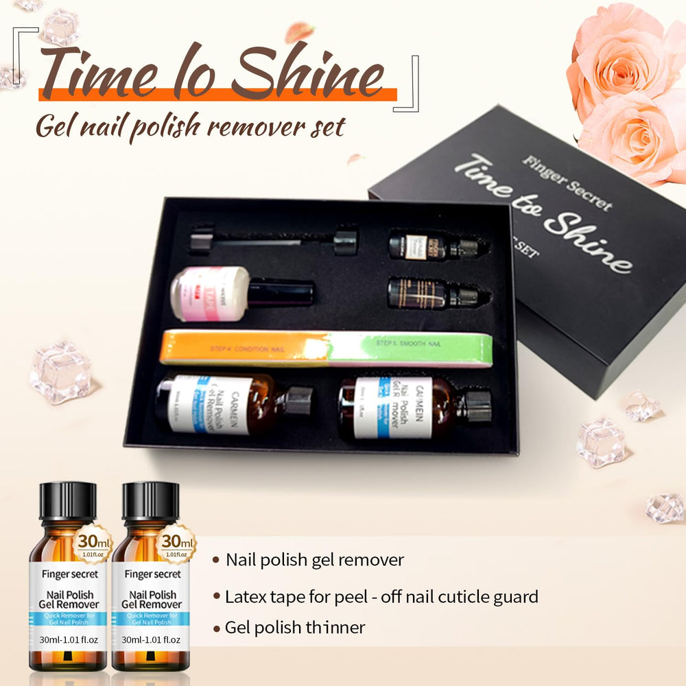 CARMEIN remover bottles in use demonstrate fast gel dissolution with a gentle formula