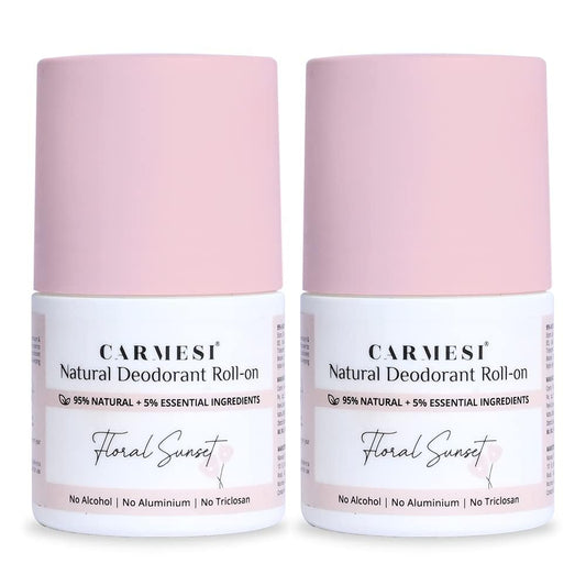 Carmesi Floral Sunset deodorant bottle on packaging highlighting natural formula.