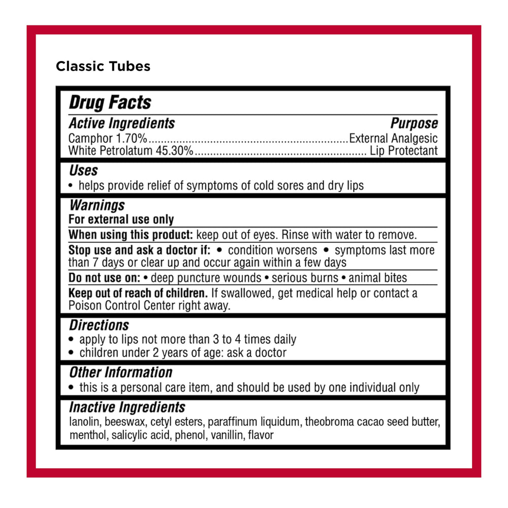 Carmex medicated lip balm labeled details emphasize protection and fragrance