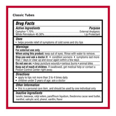 Carmex medicated lip balm labeled details emphasize protection and fragrance