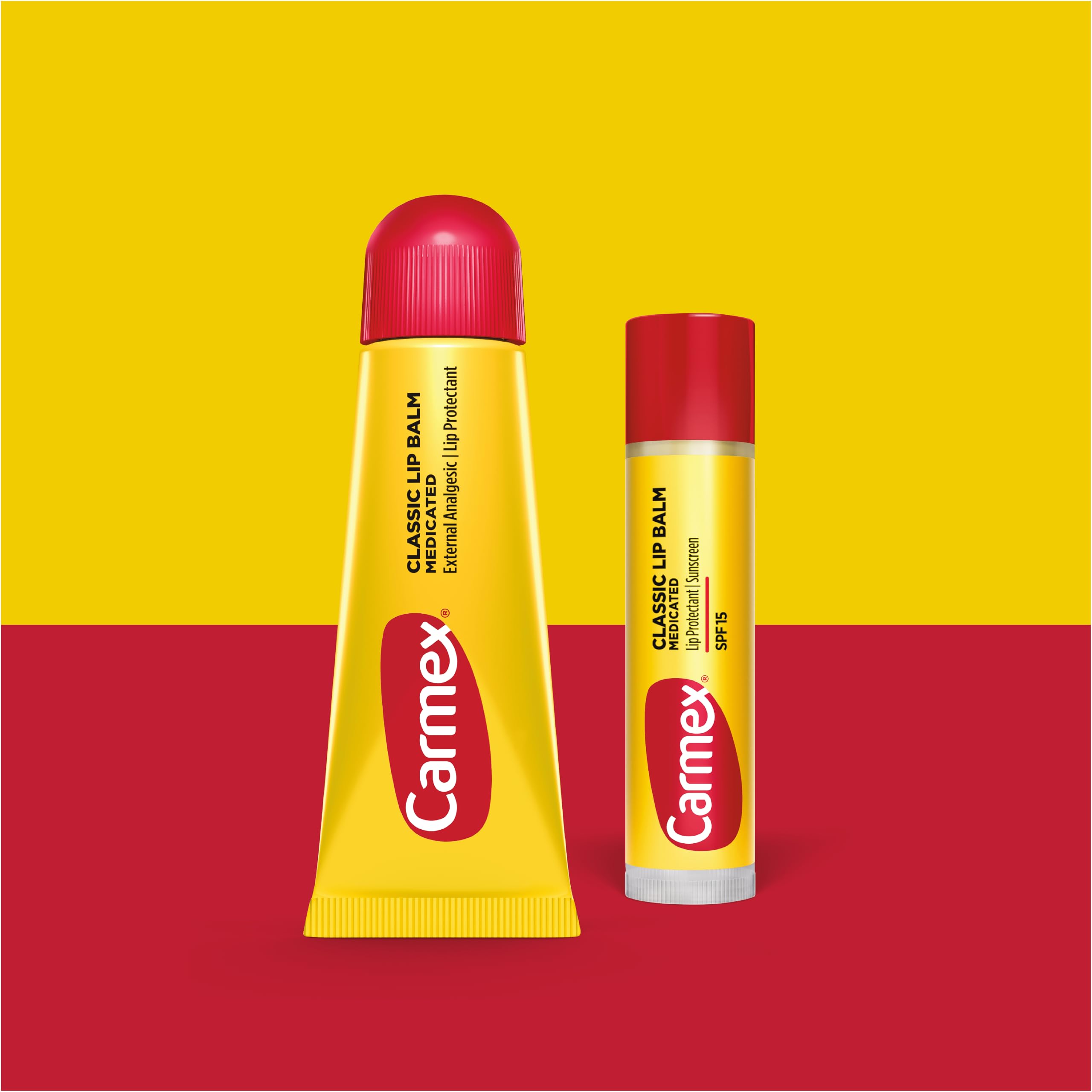Carmex medicated lip balm sticks with SPF 15 for sun protection.