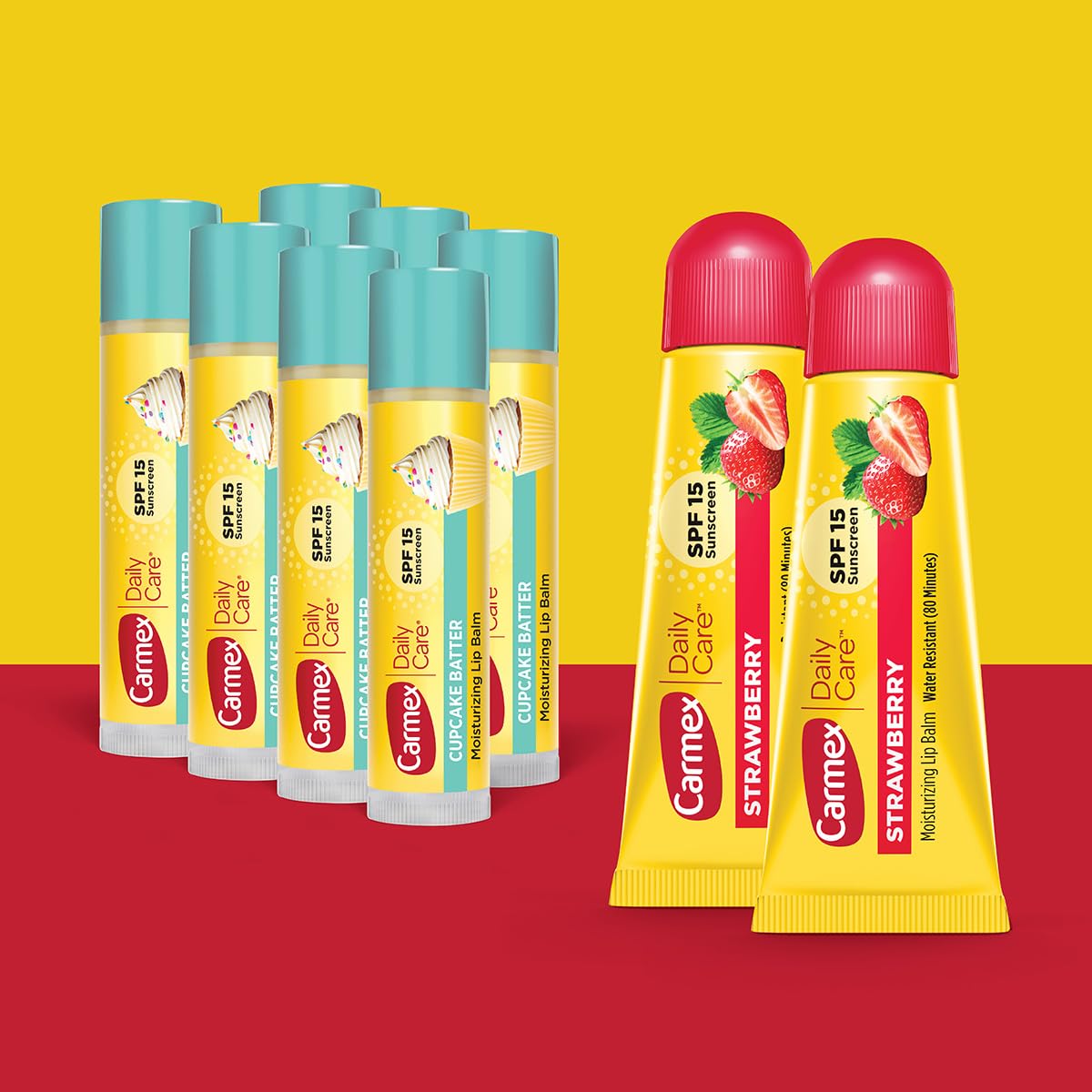 Carmex Cupcake Batter Stick lip balm provides moisturization with SPF 15 during outdoor activities.