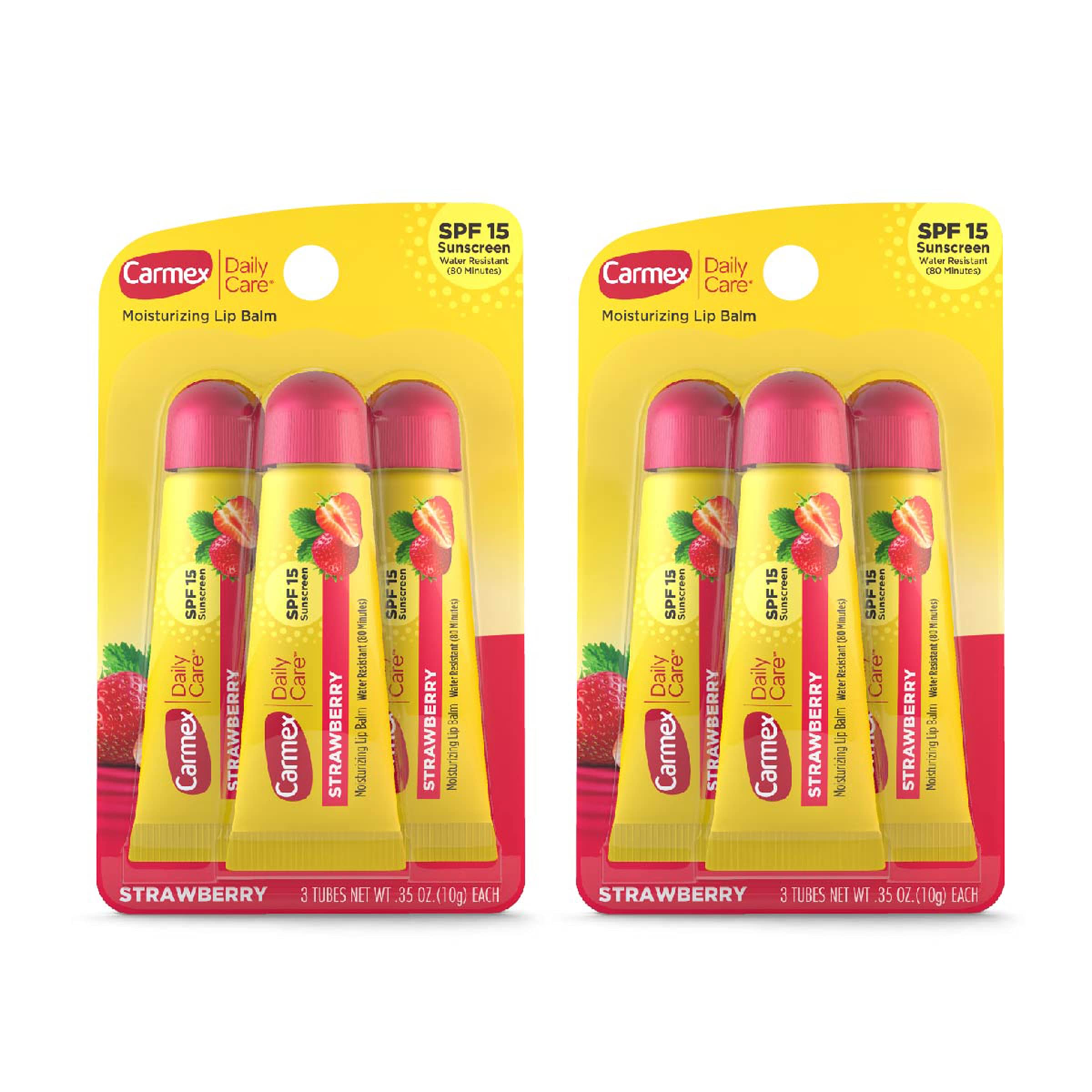 Carmex Daily Care SPF 15 strawberry lip balm tubes ready for daily protection