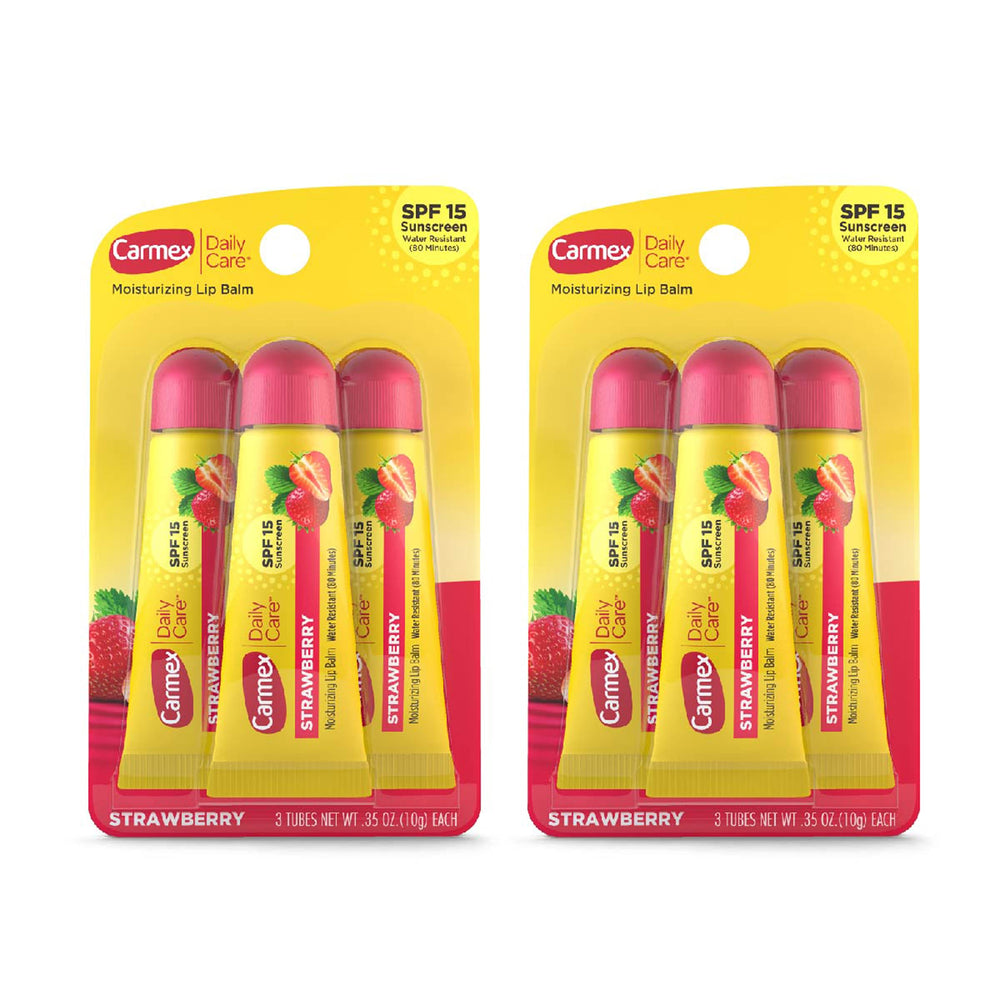 Carmex Daily Care SPF 15 strawberry lip balm tubes ready for daily protection