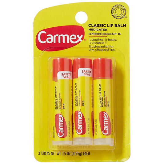 Carmex Original lip balm tube front view offering cooling relief and daily moisturization.