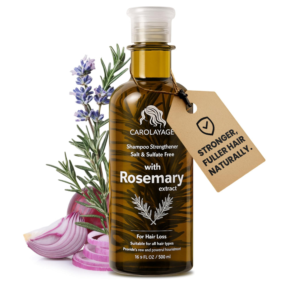 Carolayage Rosemary Shampoo bottle pour for a gentle daily scalp cleanse