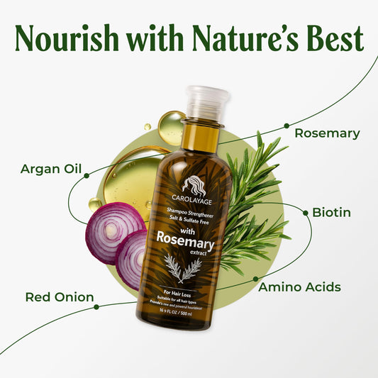 Carolayage Rosemary Shampoo label highlights natural ingredients and a sulfate-free formula for sensitive scalps