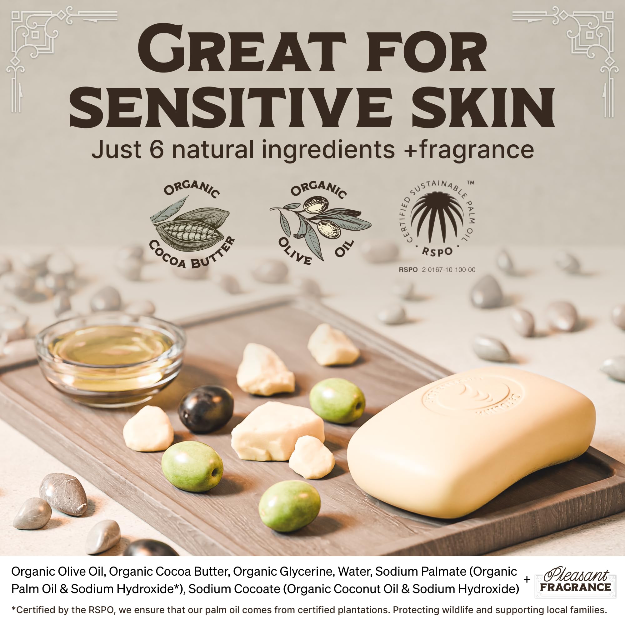 Carolina Castile Soap with olive oil and cocoa butter moisturizes.