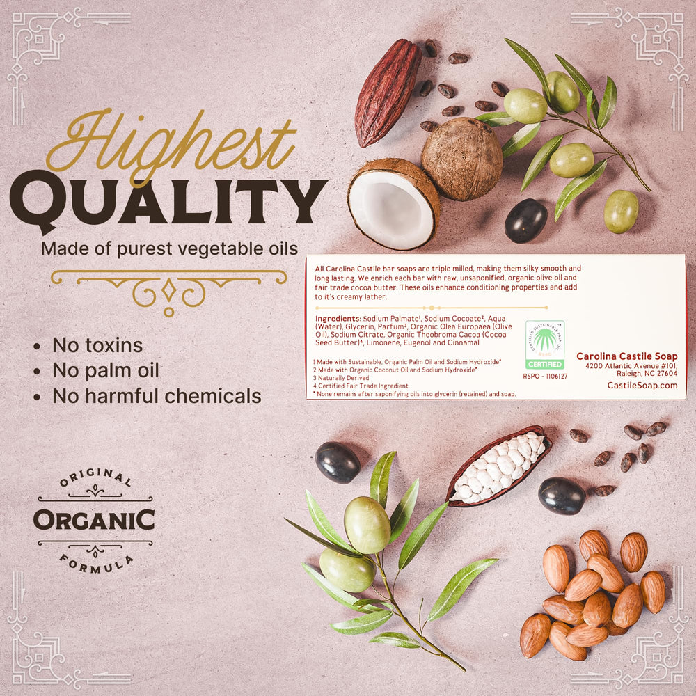 Organic olive oil infusion in Carolina Castile Soap supports skin nourishment