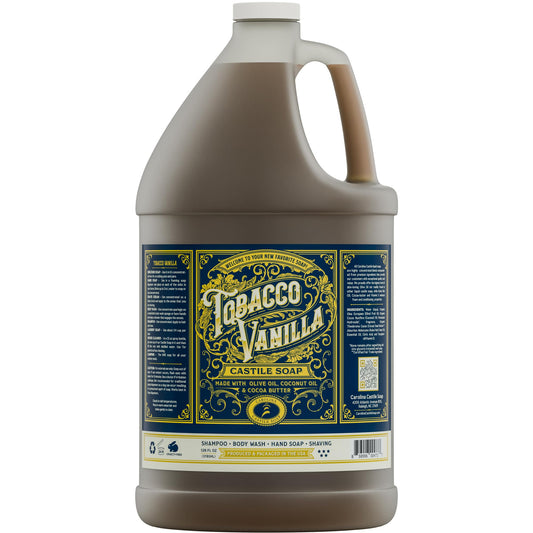 Carolina Castile Tobacco Vanilla bottle shows premium plant-based cleanser for sensitive skin.