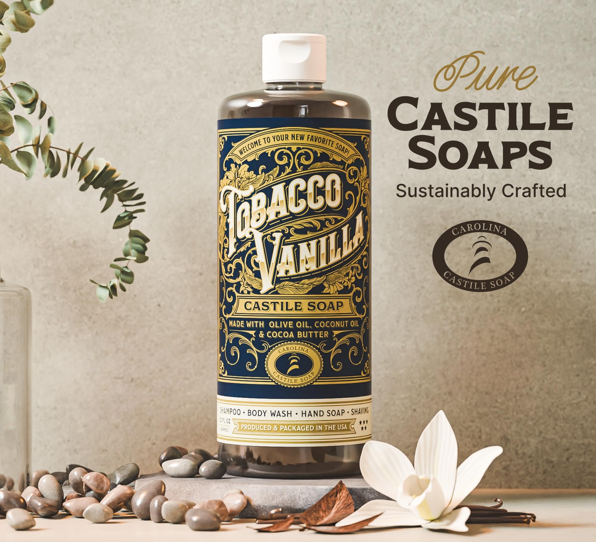 Carolina Castile Tobacco Vanilla hand soap scenario demonstrates daily cleansing.