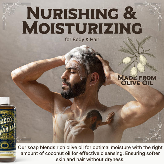 Carolina Castile Tobacco Vanilla lather highlights creamy texture for gentle cleansing.