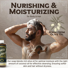 Carolina Castile Tobacco Vanilla lather highlights creamy texture for gentle cleansing.