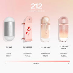 Carolina Herrera 212 VIP Rosé base blends amber and woods for all-day softness.
