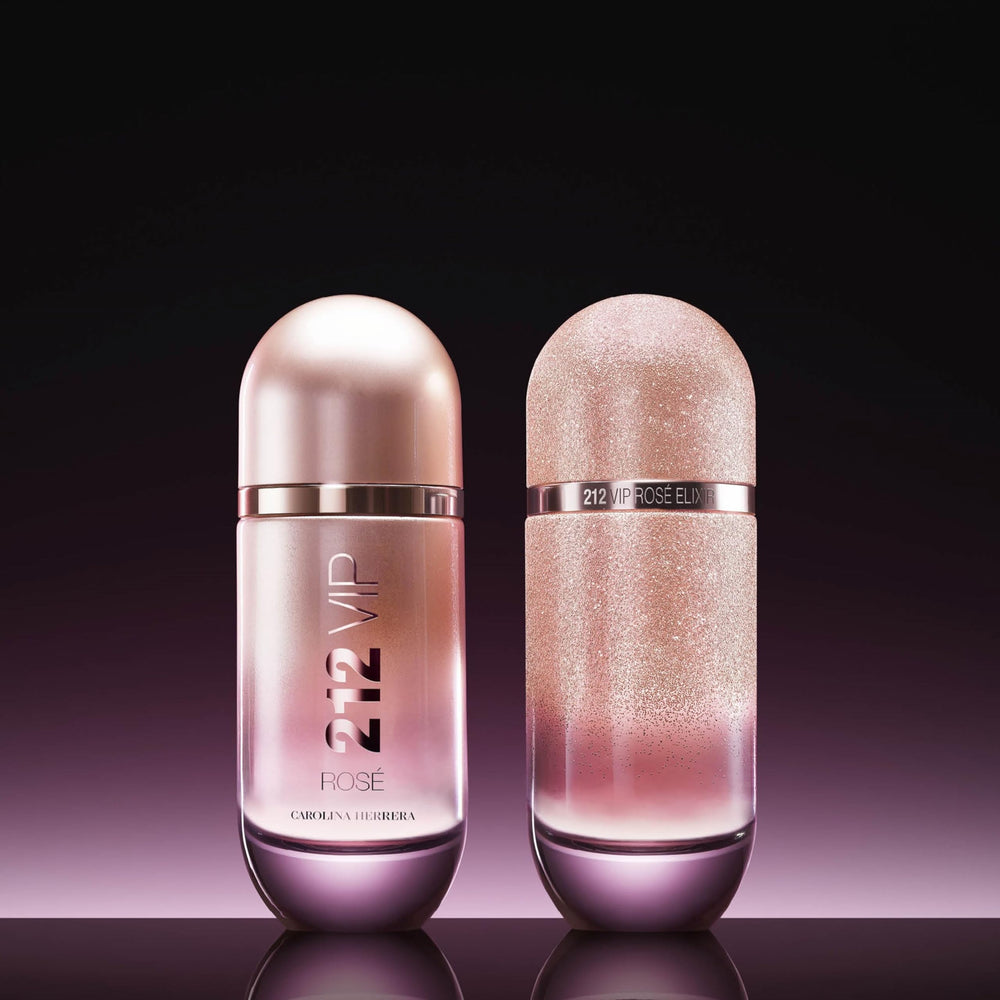 Carolina Herrera 212 VIP Rosé matte rose bottle highlights elegant signature design.