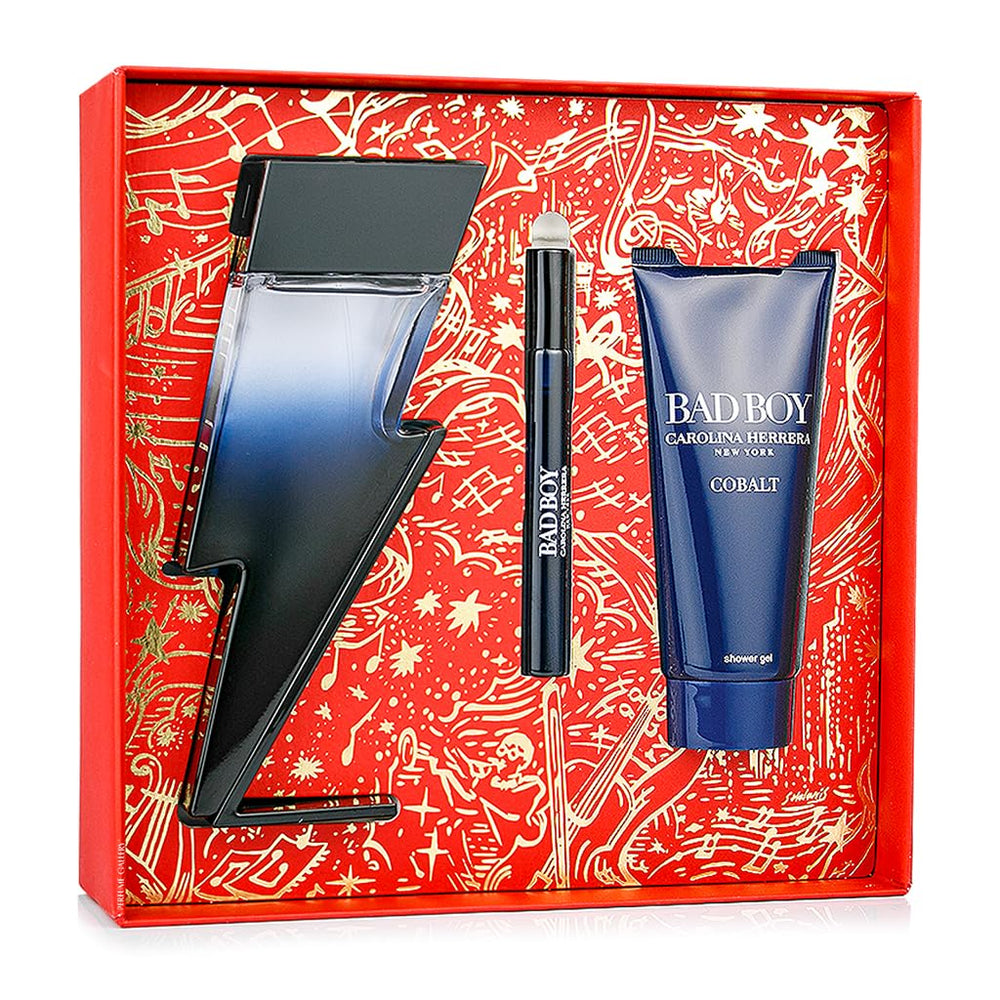 Carolina Herrera Bad Boy Cobalt shower gel bottle delivering a revitalizing cleanse.