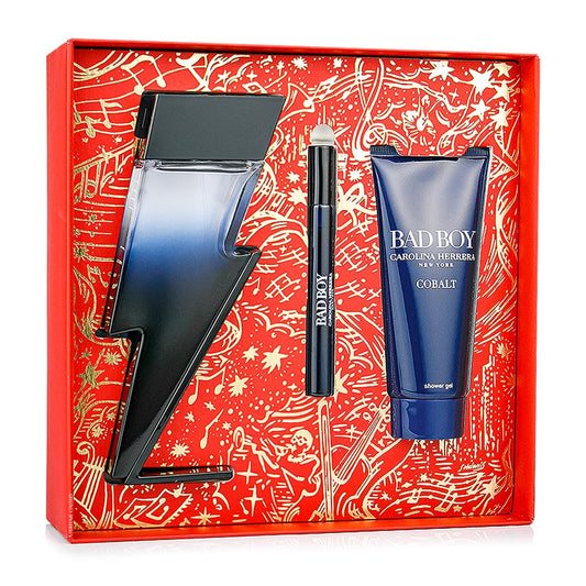 Carolina Herrera Bad Boy Cobalt shower gel bottle delivering a revitalizing cleanse.